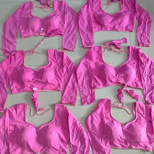 Cotton Full Sleeve Blouse for Saree - Pink Color Women's Top with Long Sleeves and Adjustable Strings