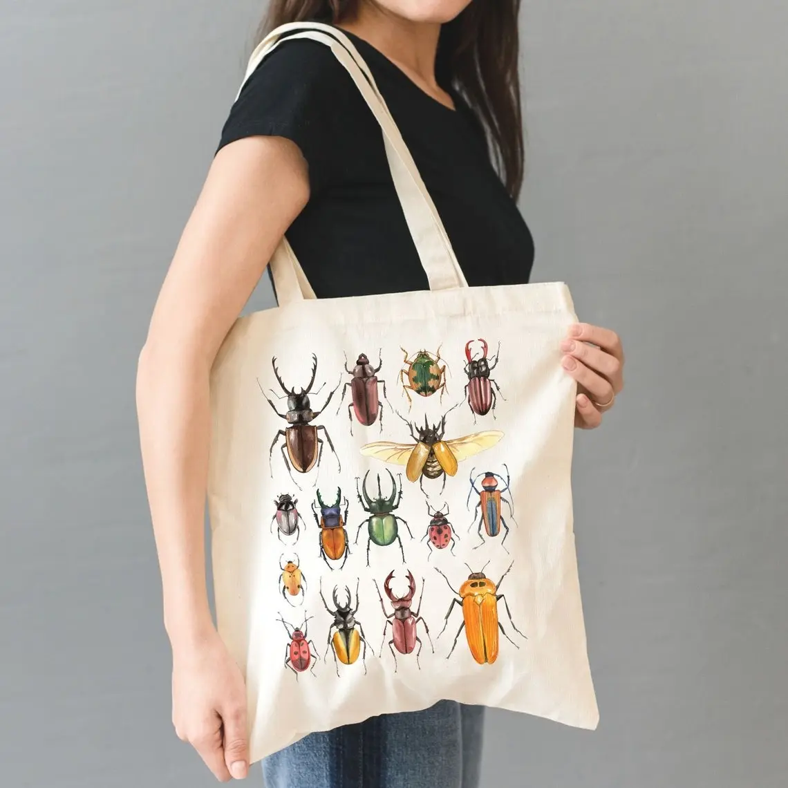 Colorful Beetle Illustration Tote Bag, Entomology Insect Art Canvas Tote, Vintage Bug Collection Tote, Nature Lover Aesthetic Bag, Retro Scientific Illustration Tote