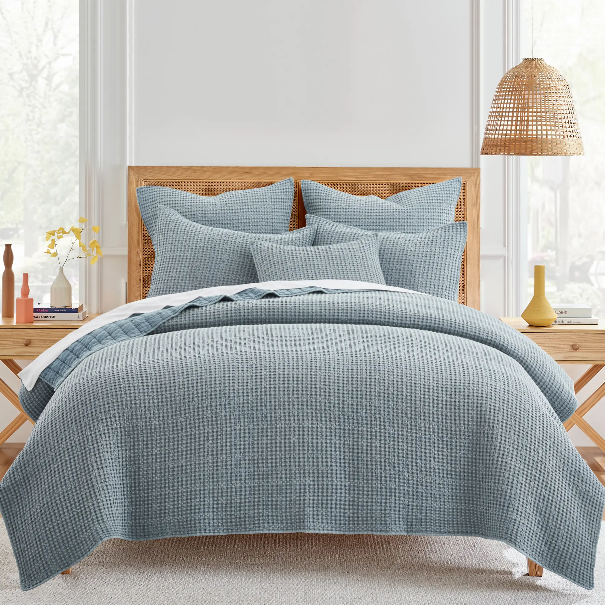 Levtex Home Mills Waffle King-Cal King Chambray Cotton Bedding Set - Hotel Style Bedding, Breathable Quilt Set Bedding, 106x92in Quilt & 36x20in Shams, Luxury Cool Bedding