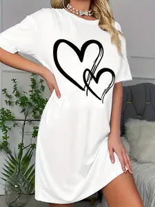 Soft Micro Elastic Summer White Heart Print Short-Sleeved Crew Neck Night Dress - Machine Washable, Casual, Comfortable Homewear For Women - Perfect For Lounging Or Meeting Guests Loungewear Womenswear Crewneck Nightwear
