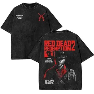 Red Dead redemption 2 Double Printed Washed 2 Sided Printing T-Shirt RPG action Video anime manga Games movie Streetwear graphic tees Casual Cotton sweater men vintage hip hop y2k