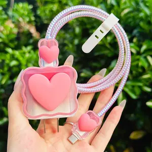 3D Heart Shaped Design Charger & Data Cable Protective Case, Decorative Charger & Data Cable Protector, Phone Accessories Compatible with Apple 20W Charger