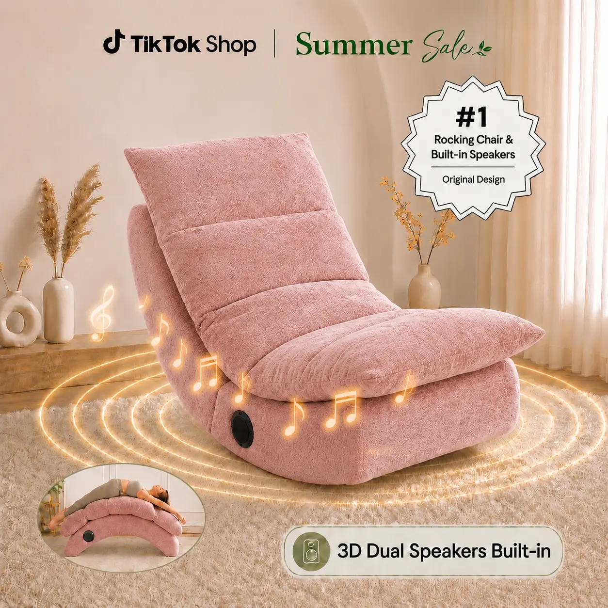 Summerwins Unisex Ergonomic Yoga Recliner Chair - Chenille Fabric Adult Lounge Chair with Built-in Speakers, Good Rebound, Easy-Move Father’s Day Gift
