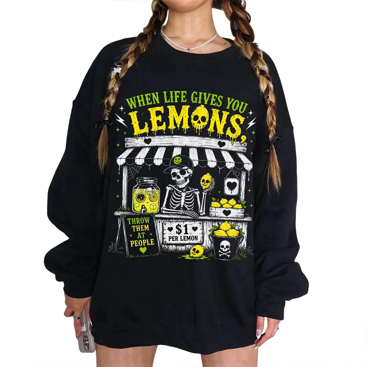 When Life Gives You Lemons Skeleton Sweatshirt, Funny Spooky Goth T-Shirt, Lemonade Stand Shirt, Sarcastic Halloween Shirt