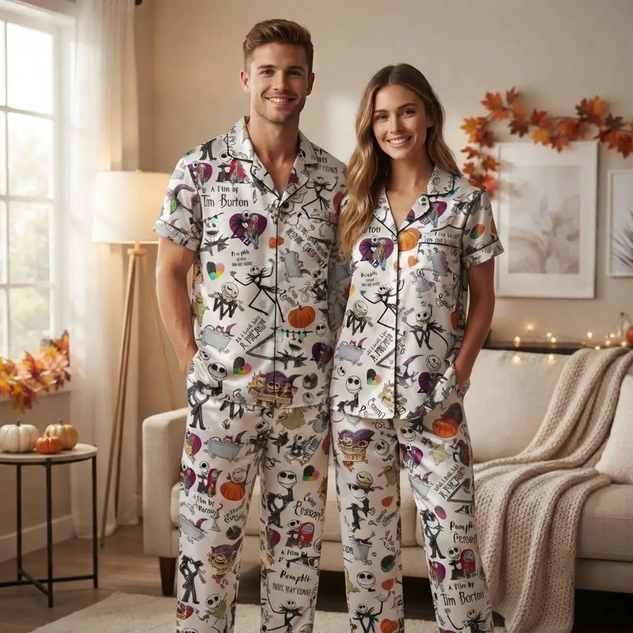 Spooky Cute Matching Couples Pajamas Set Satin Short Sleeve Button Down PJS Sleepwear
