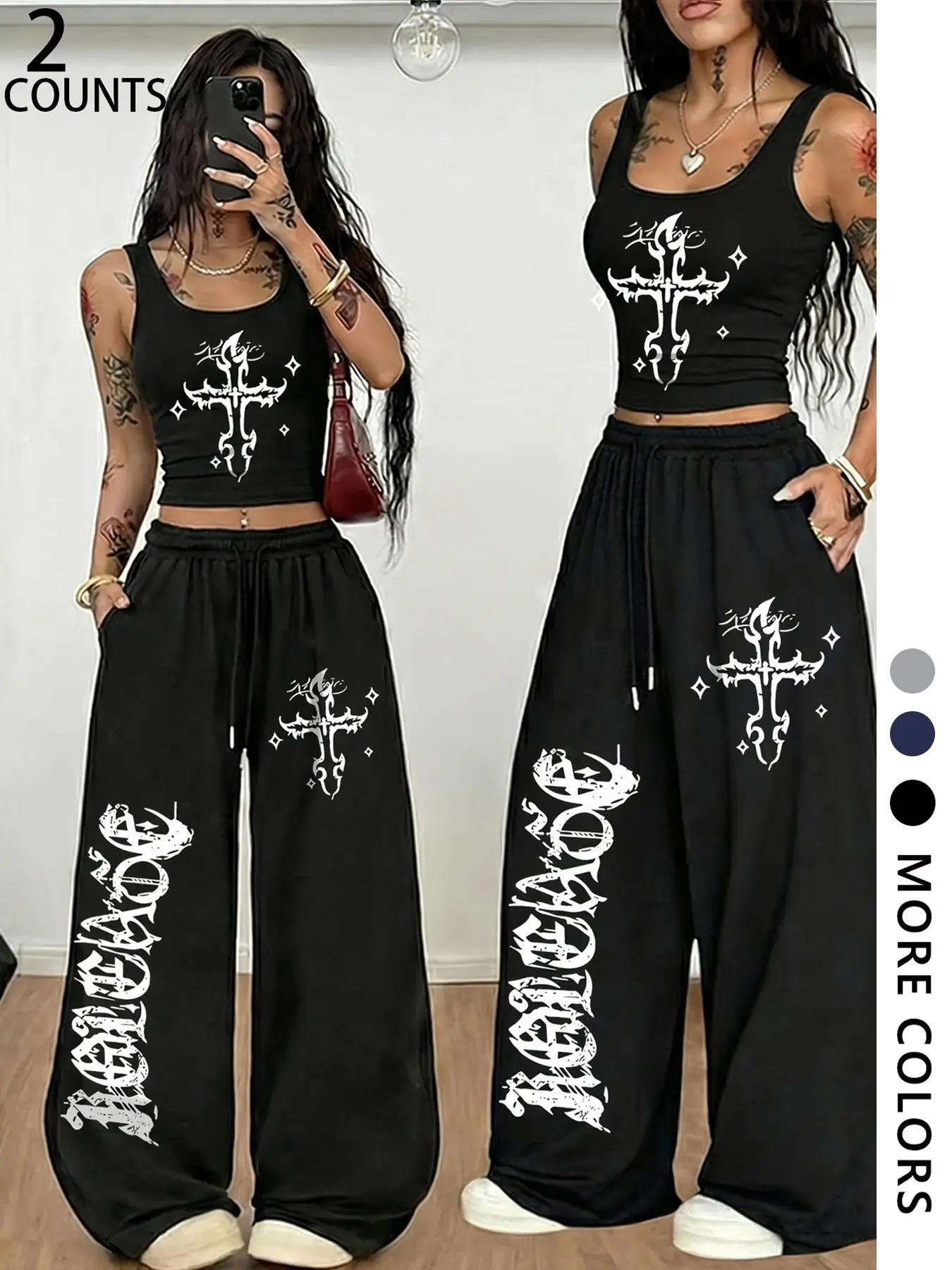 Gothic Street Style Thorn Cross Letter Print Women's Two-Piece Set Fit, Short Sleeve Crop Top Vest, Elastic Waist Adjustable Drawstring Casual Sporty Wide Leg Pants Womenswear Matching Clothes Casual Streetwear Set