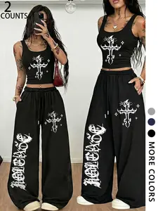 Gothic Street Style Thorn Cross Letter Print Women's Two-Piece Set, Short Sleeve Crop Top Vest, Elastic Waist Drawstring Casual Sporty Wide Leg Pants