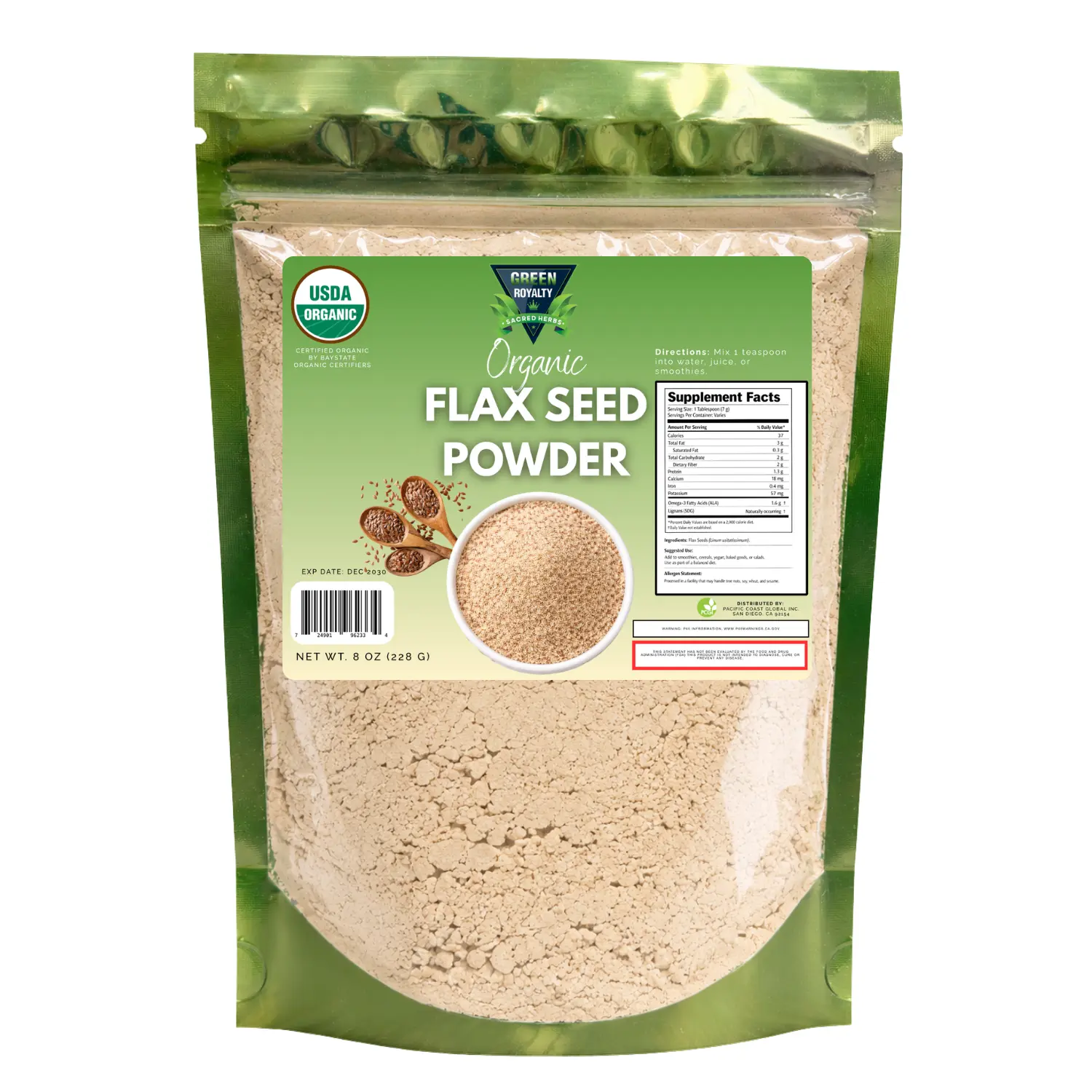 GREEN ROYALTY Organic Flaxseed Powder, 8oz Vegan Ambient Herbal Dietary Supplement for Adults - Boosts Metabolism, 28 Servings, Natural, Easy-to-Take for Smoothies, Unflavored Herbal Supplements, Anti-Oxidants