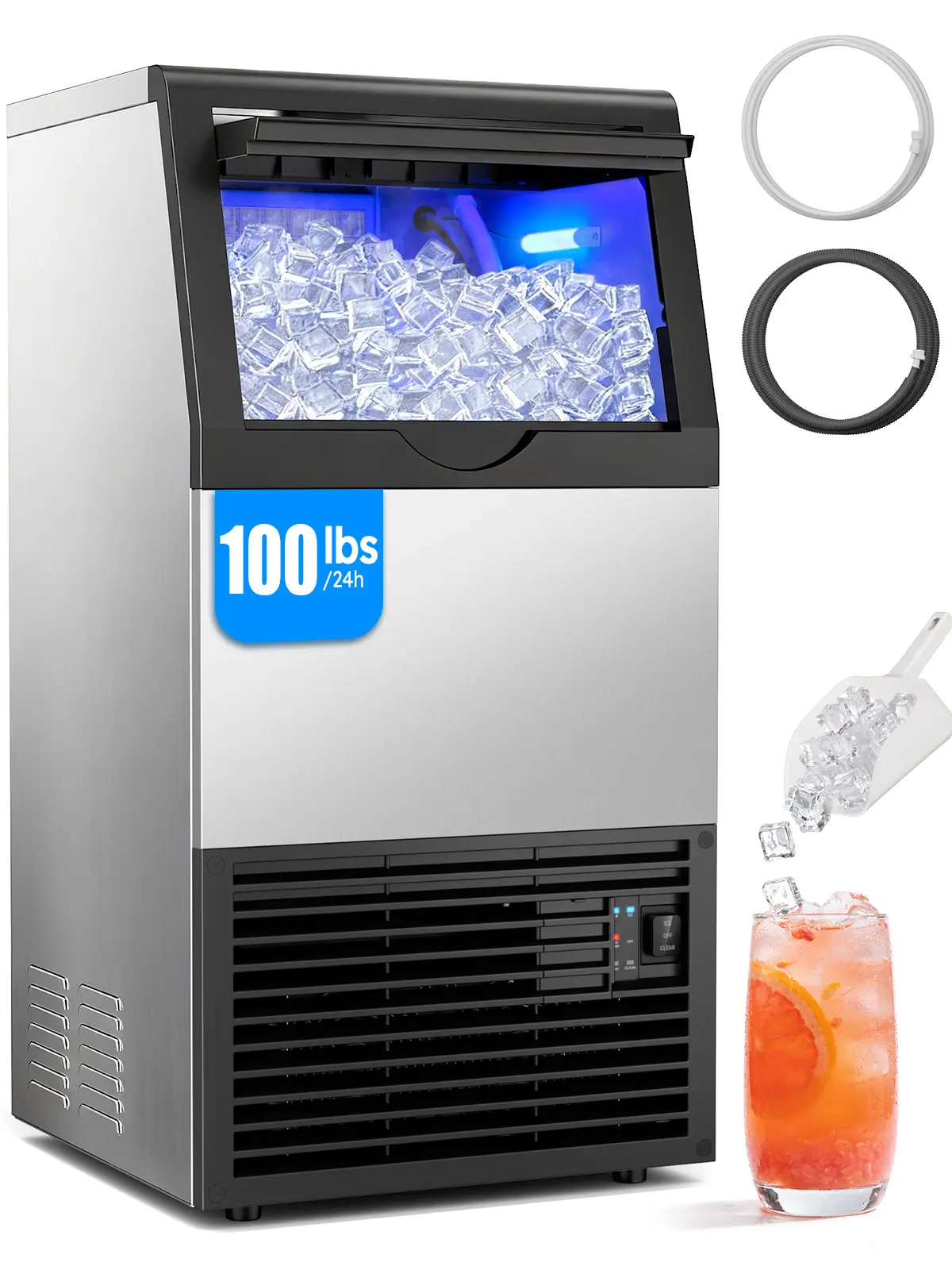Commercial Ice Maker Machine, 100 lbs/24H with 33 lbs Storage Bin, 15.75-Inch Undercounter Built-In or Freestanding Stainless Steel Ice Maker with Self-Cleaning for Home, Bar, Office and Café