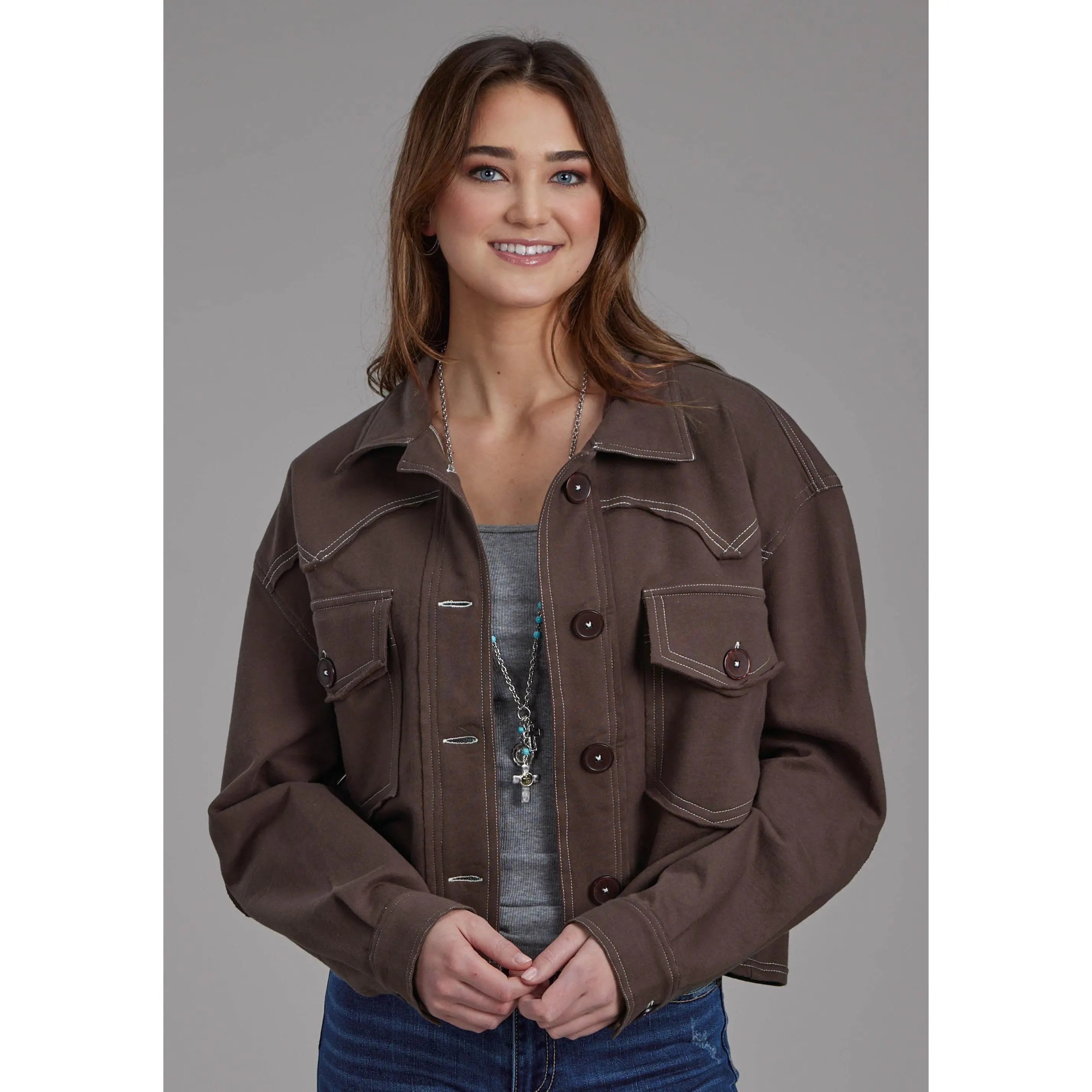 Womens Cotton Fleece Long Sleeve Crop Button Jacket