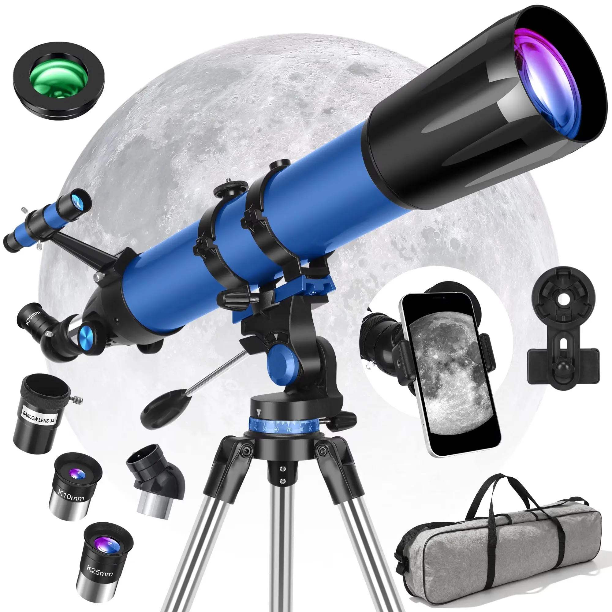 Refractor Telescope for Adults & Astronomy Beginners, 90mm Aperture 800mm Professional Model with AZ Mount, Stainless Steel Tripod, smartphone   adapter, Carry Bag, Moon Filter