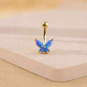 Opal Belly Button Ring, Navel Piercing Jewelry, Belly Ring Barbell Piercing, Floating navel ring, Stainless Steel Gold Plated Belly Button Ring
