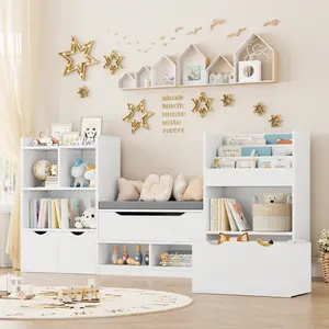 FOTOSOK 72'' Kids Bookshelf with Reading Nook, Large Toy Storage Organizer with Seat Cushion and 3 Movable Drawers, Kids Reading Nook Toy Organizers and Storage with Bench for Playroom
