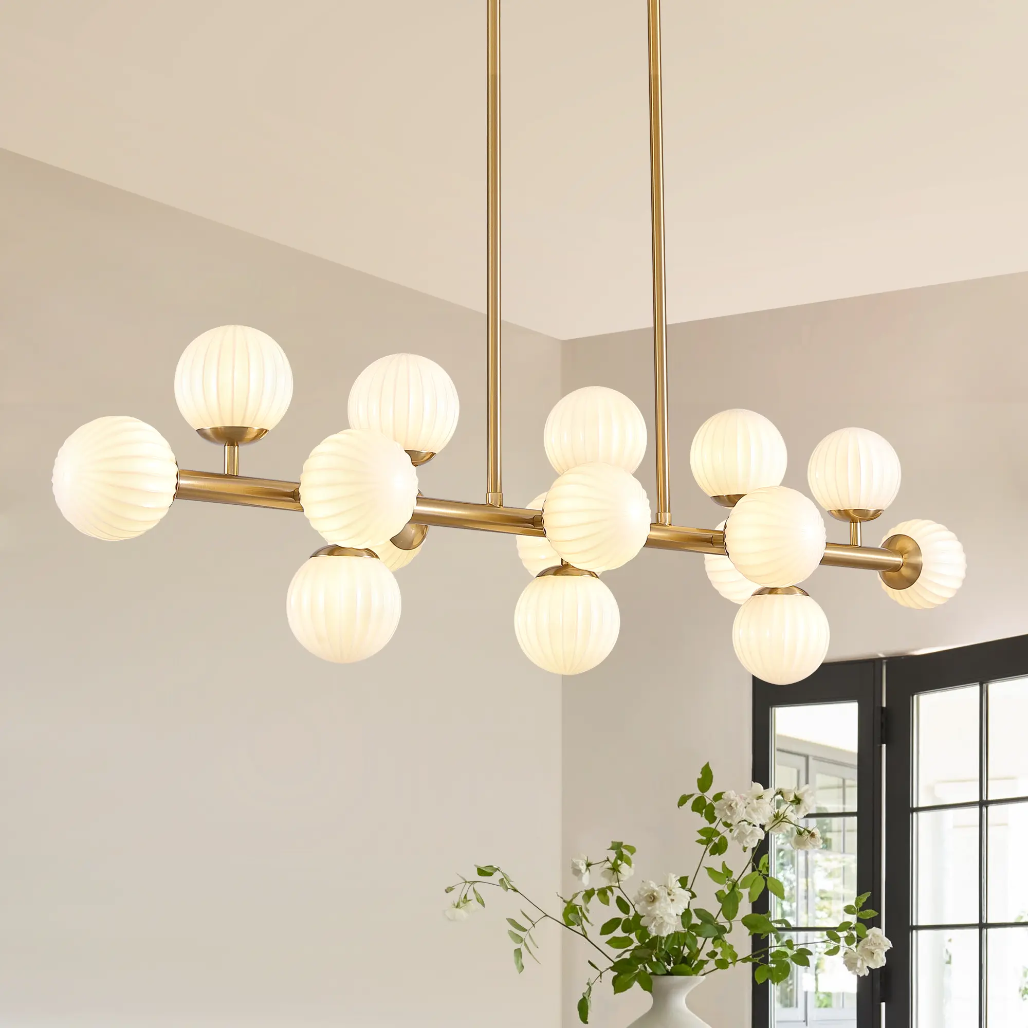 47.8" Large Geometric Ambient Dimmable LED Chandelier - 16 G9 Bulbs, 3-Color Temp G9 Bulbs, Height-Adjustable w/2 x 11.8" Down Rods, Contemporary Glass Globe Sputnik Fixture for Dining Room, Kitchen Island, Home Decoration LED Pendant