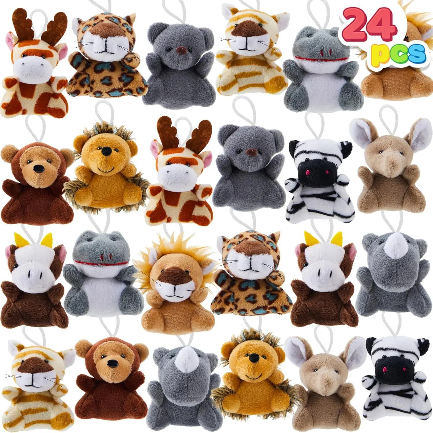 24 Pcs Unisex 3-in-1 Fabric Plush Keychain Stuffed Animals - Mini Safari Theme Toys for Carnival Prizes, Animals Themed Party Supplies