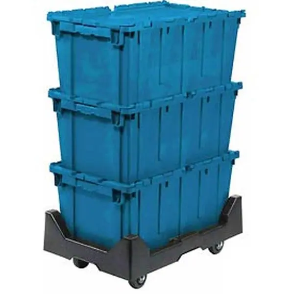 Blue Plastic Attached Lid Shipping Container with Dolly Combo - Indoor/Outdoor Stackable Home Organizer, 24" x 15" Footprint, 37 lbs Capacity, Interlocking Securely Storage Bin