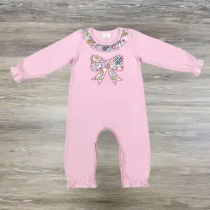 embroidery LR1812 colorful flowers bow pink long sleeve girls romper
