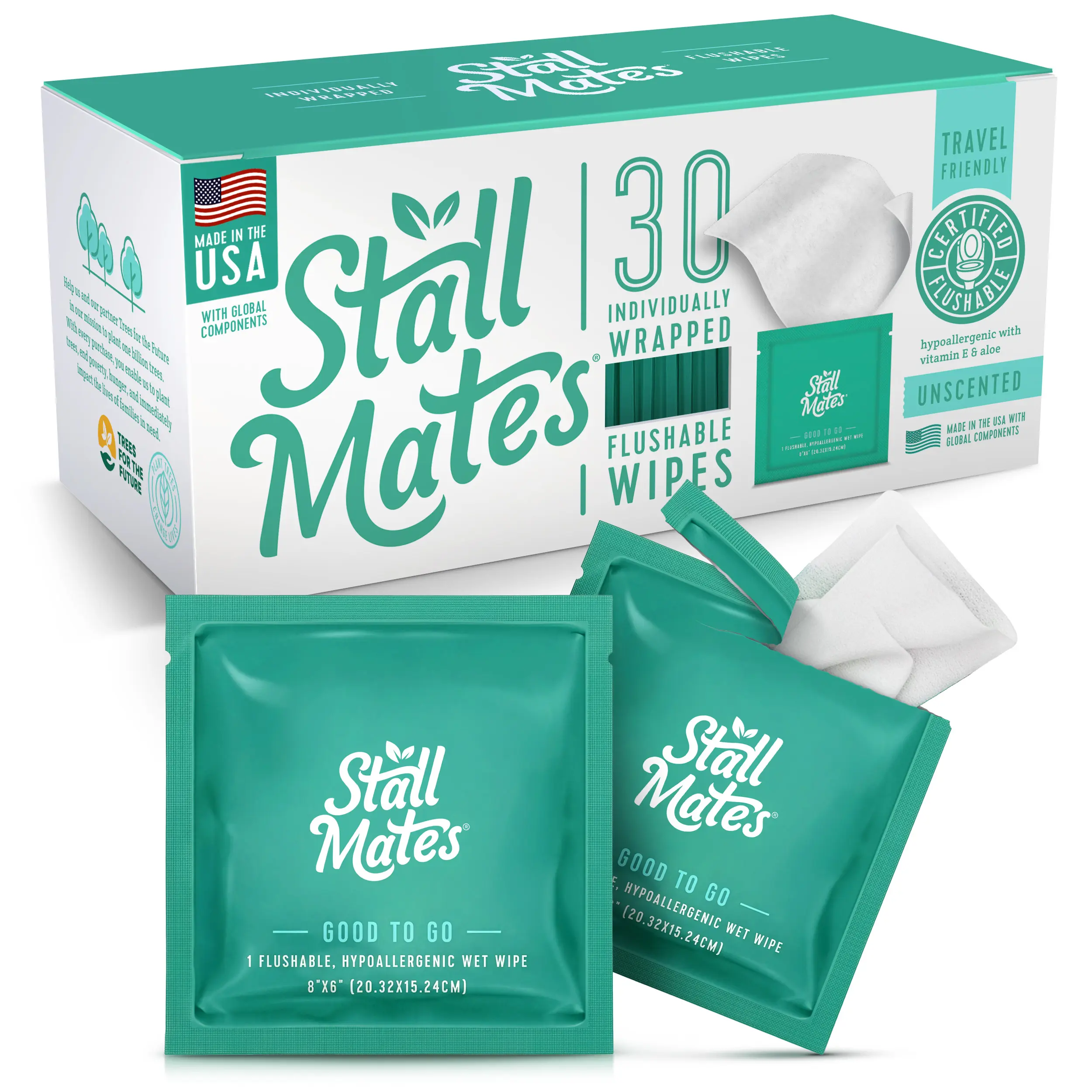 Stall Mates Flushable Wet Wipes - 1 Pack of 30 Individually Wrapped Travel Wipes - Fragrance Free & Hypoallergenic - Extra Large & Soft - Aloe & Vitamin E - Septic-Safe - Travel Essentials