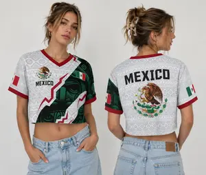 Mexico Aztec Pattern Womens Crop Top Football Jersey, Mexican Pride Streetwear, Soft Poly Material, Comfortable For Everyday Wear