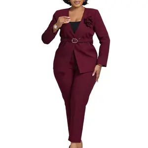 D3343 Women's Burgundy Blazer and Pants 2-Piece Set Long Sleeve Belted Suit with Flower Decor Formal Office Outfit Elegant Professional Matching Elegance Womenswear