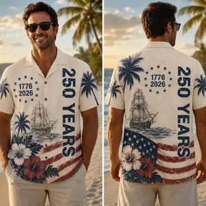 250th Anniversary Hawaii Shirt, 1776-2026 Patriotic Aloha Shirt, USA Independence Day Button Down, Vintage American Flag Hibiscus Print