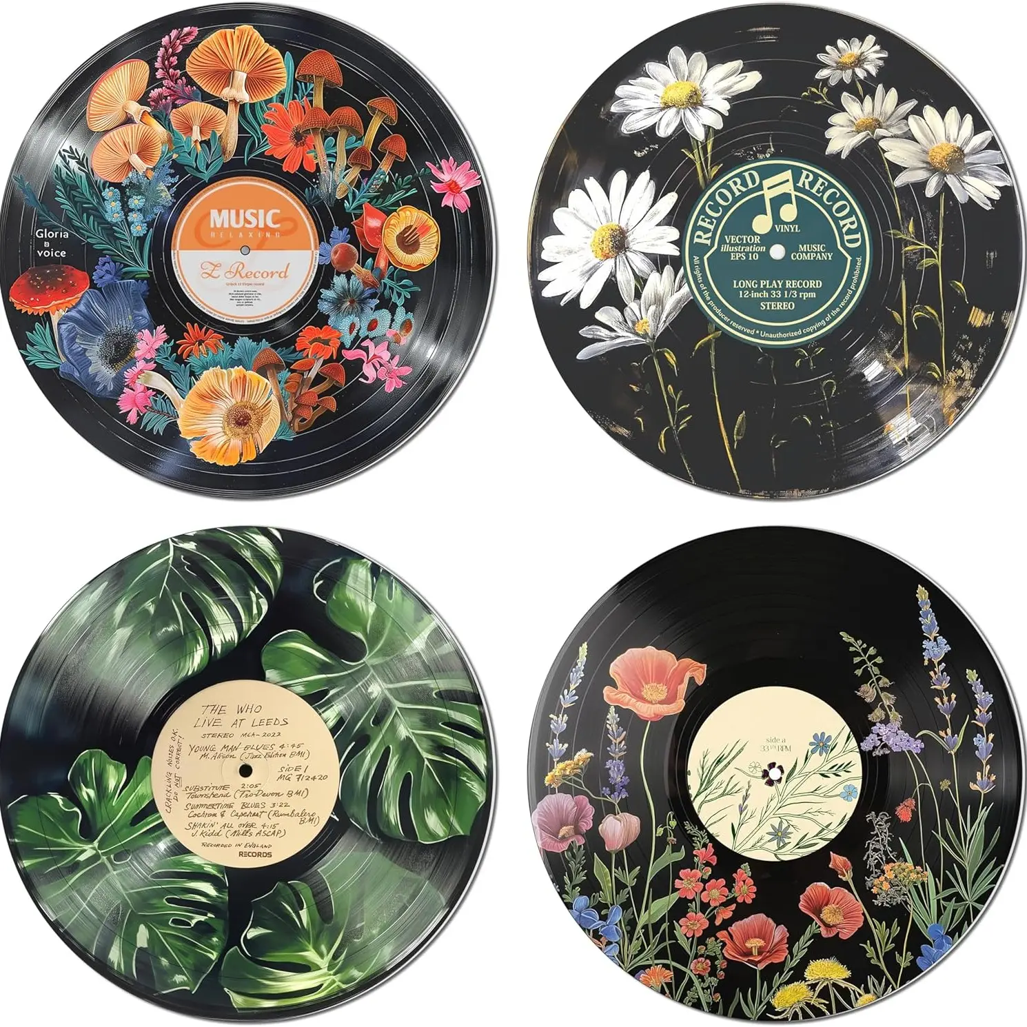 K Studio Hippie Style Decor, Room Aesthetic Poster Set, Creative Design Print, Plant Wall Art, Record Decoration, 4 Pieces 30cm X 30cm, Home Decor, Wooden Wall Art, Decoration Items