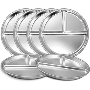Stainless Steel Toddler Plate Set of 6, 9" Portion Control Plates Divided Plate for Adults Kids Balance Lunch, Non Slip |   Unbreakable Toddler Baby Feeding Set Dishwasher Safe
