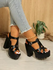 Ladies' solid color high-heeled sandals, cross strap design, super high heel platform sandals, comfortable, fashionable, Classy and Elegant, suitable for daily wear, Classic Sandals, Comfy Sandals