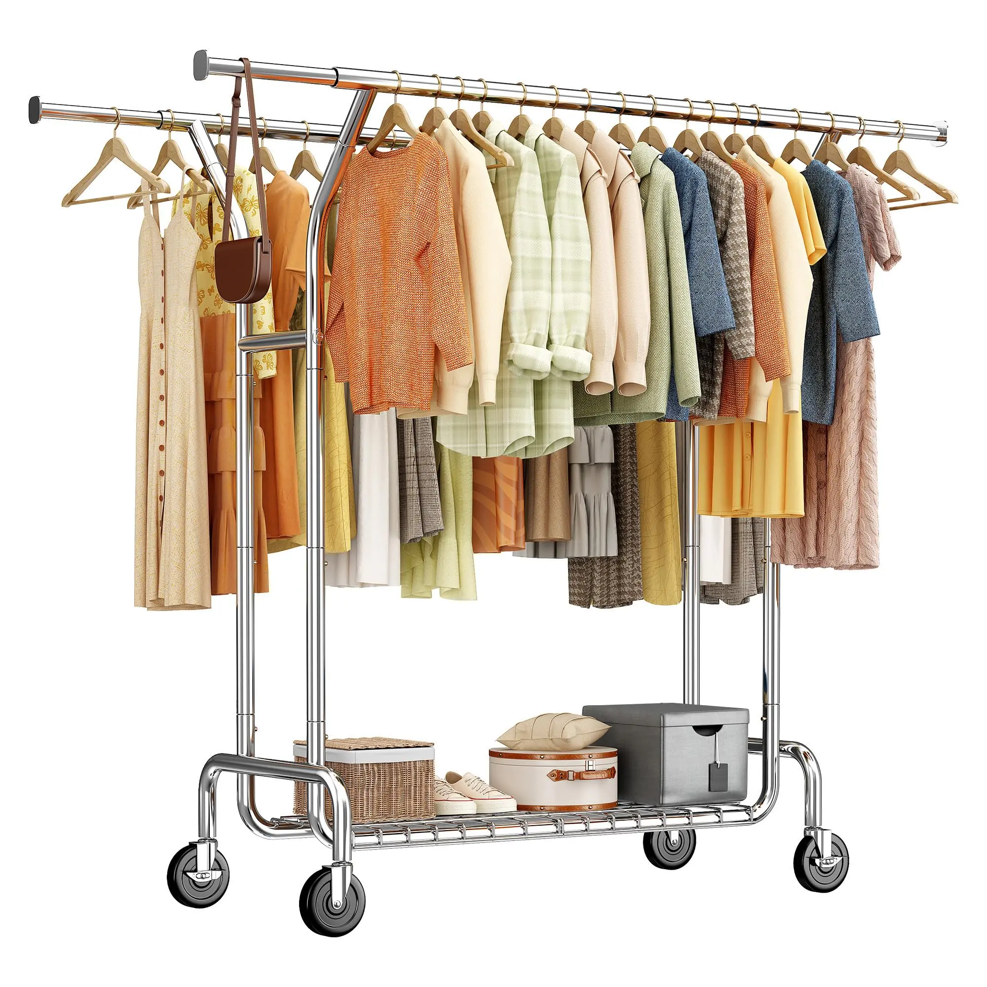Raybee Clothes Rack, 220LBS Double Rod Clothing Racks for Hanging Clothes 200+, Adjustable Clothing Rack with Sturdy Wheels & Shelves[Holiday Haul]