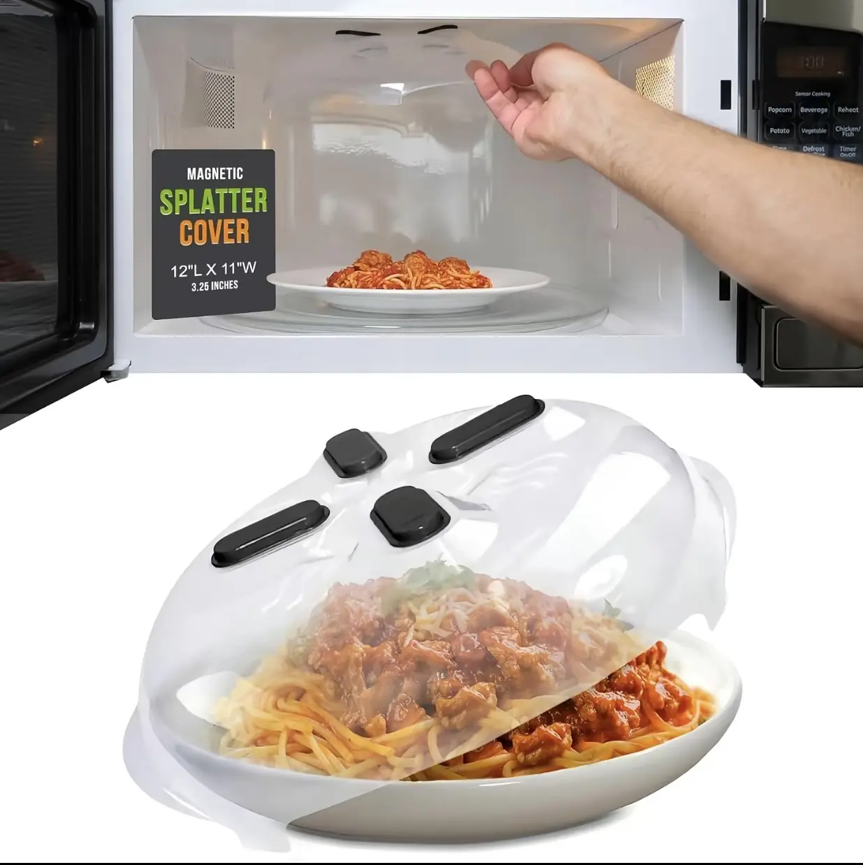 【PUREVIA】Magnetic Splatter Cover, 12-Inch Clear BPA-Free Food Lid, Vented Plate Guard with Steam Vents, Anti-Splash Microwave Lid, Dishwasher Safe, Space-Saving Magnetic Storage