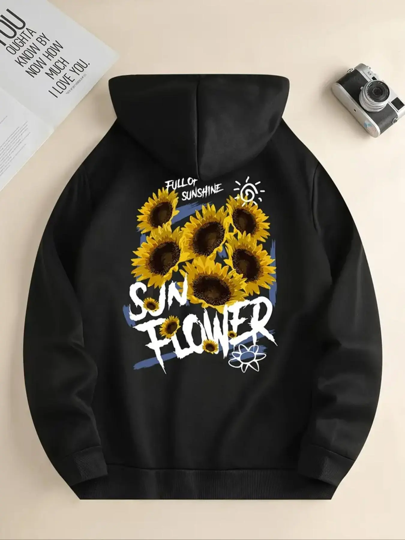 【Plus Size】 Sunflower Print Hoodie, Fashion Casual Drawstring Pocket Hooded Sweatshirt for Daily Holiday Outdoor Wear, Women Clothing for Fall & Winter