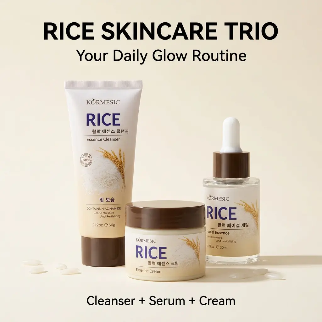 Rice Skin Care Set, 3 in 1 with Cleanser, Serum and Face Cream, Daily Hydrating Skin Barrier Care, Beauty Gift for Women, Teens and Girls,A complete set of cleaning and skincare moisturizing kit Radiant Moisturizer Moisture Hydrate Cleansing