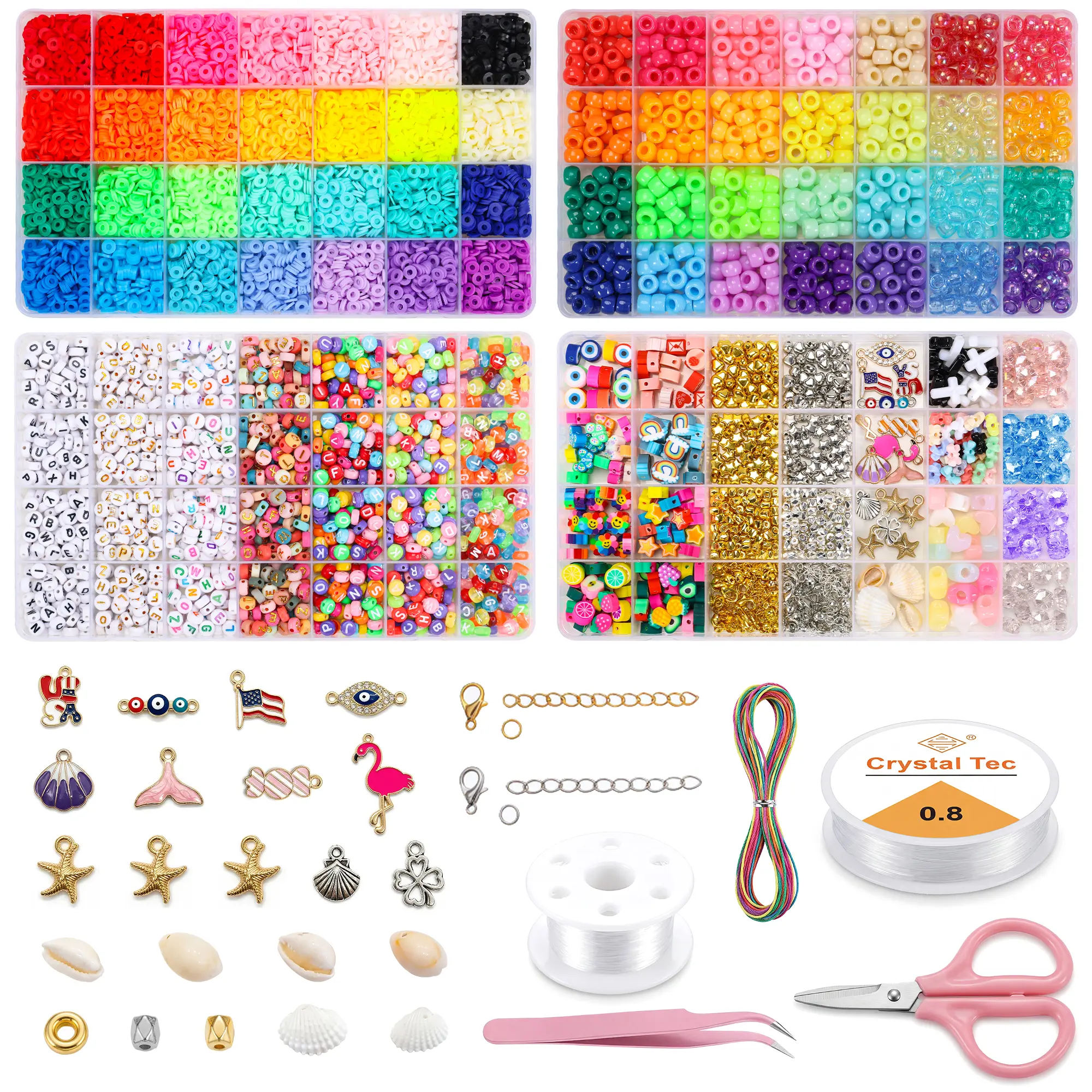 4 Boxes 8000+ Capital City Beads, Clay & Pony Bead Collection | Free Crystal Bracelet Blind Box, Complete Craft Tools, DIY Kit for Beaded Body Jewelry & Friendship Bracelets,bead  restock