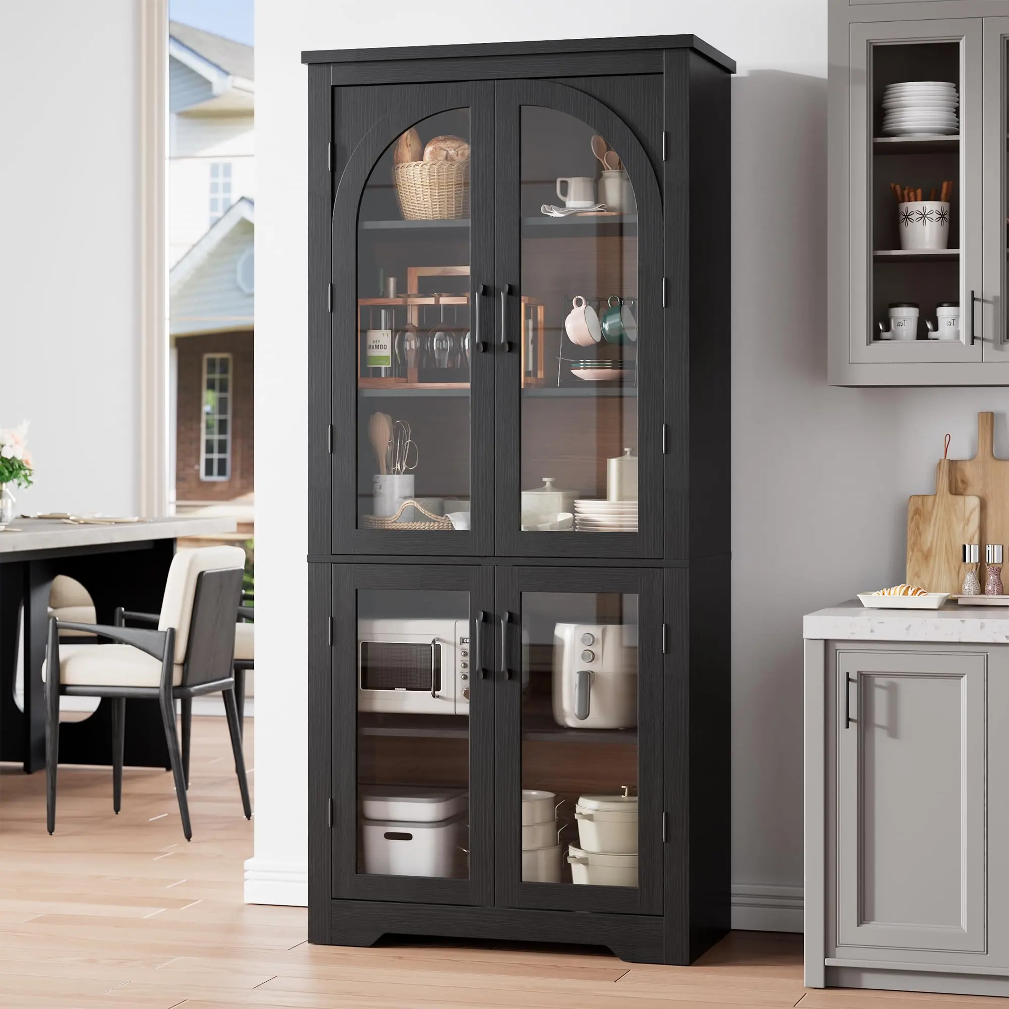 Garvee 70" Tall Kitchen Pantry Cabinet - Modern Display Cabinet with 4 Arched Glass Doors and Adjustable Shelves, Versatile Cupboard Organizers for Kitchen, Dining Room, Living Room, Bathroom, Black