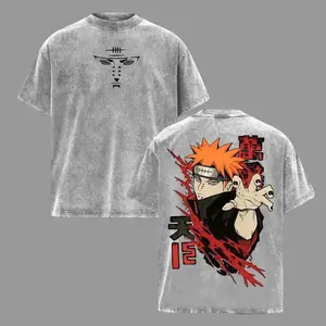 Menswear Pain Nagato Naruto Shippuden Akatsuki Rinnegan Oversized Vintage Washed Heavy Cotton Short-Sleeve Tshirt, Double-Printed Retro Unisex Streetwear Graphic Top