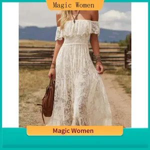 Lady's Chic Polyester Solid Fabric Off-Shoulder Ruffled Waist-Cinching Long Dress - Western Romantic Style, Suitable for Horseback Riding Events and Music Festivals
