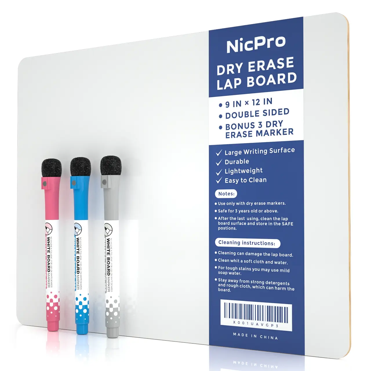 Nicpro 9x12 in Double-Sided Dry Erase Lapboard - Portable Wipeable Board, Small Educational Arts & Crafts Mini Whiteboard with 3 Water-Based Drawing Pens