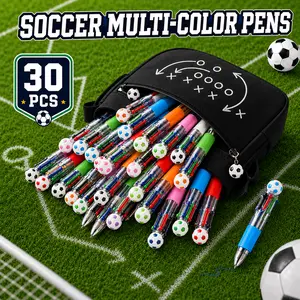 MIUVA 30 Pcs Soccer Pens, 4-in-1 Multicolor Ballpoint Pens with 3D Soccer Ball Toppers, Black Blue Red Green Ink, Soft Grip Fun Pens for Soccer Party Favors, Goodie Bag Stuffers, Classroom Rewards, Team Gifts teacher christmas