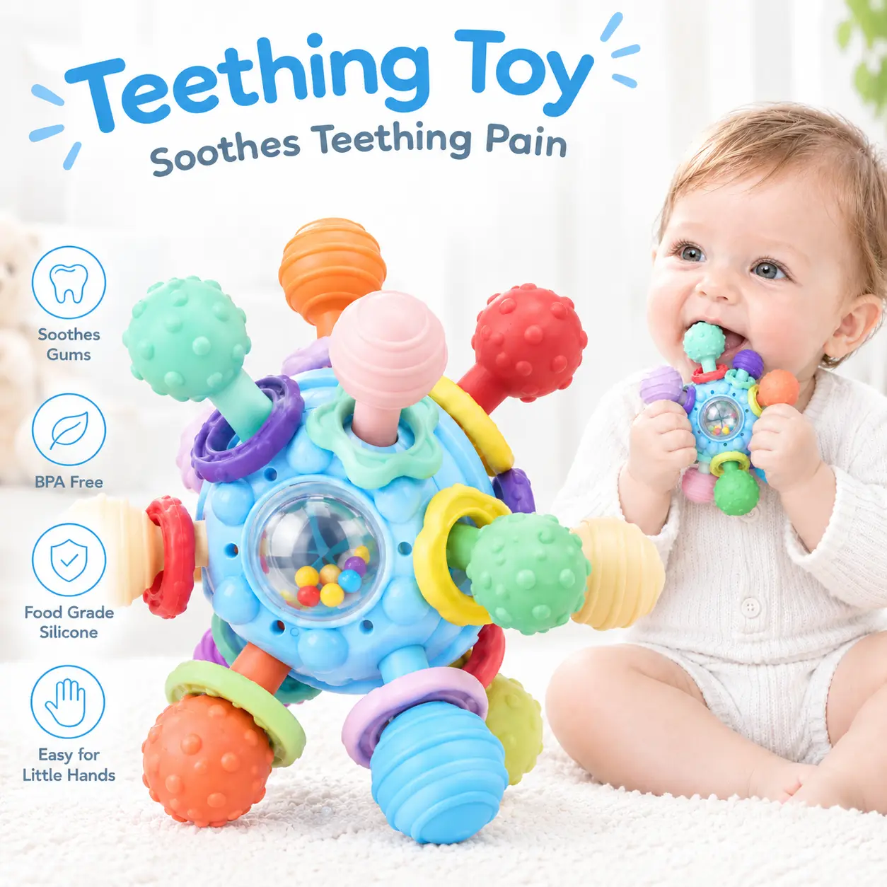 Teething toy, Montessori Sensory Teething Ball Baby Toy, Silicone Teether & Rattle Toy with Textured Chew Points, BPA Free Infant Developmental Toy, Easy Grip Sensory Toy for Babies