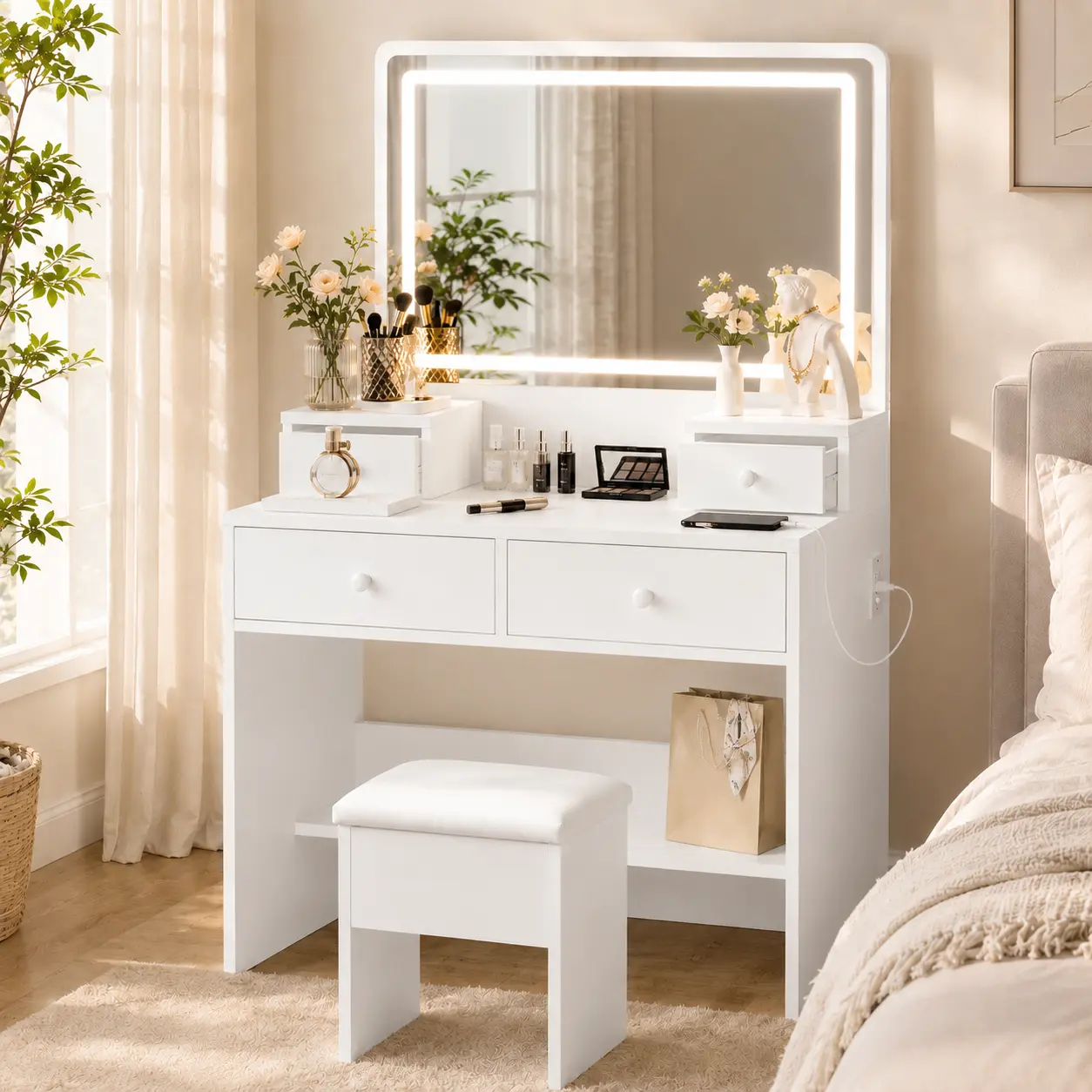 【Summer Sale】DAYAGO Modern Mirrored Dressing Table Set with Adjustable LED Lights, 4 Drawers, Power Strip, Vanity Chair Stool, White Bedroom Makeup Vanity, Ideal Women's Christmas Gift