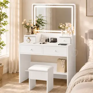 【Deals For You Days】DAYAGO Modern Mirrored Dressing Table Set with Adjustable LED Lights, 4 Drawers, Power Strip, Storage Chair Stool, White Bedroom Makeup Vanity, Ideal Women's Christmas Gift summerwins