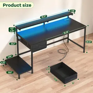 55" Gaming Desk with Power Outlets, Modern Computer Desk for Home Office, Vanity Table with Storage & Ergonomic Monitor Stand