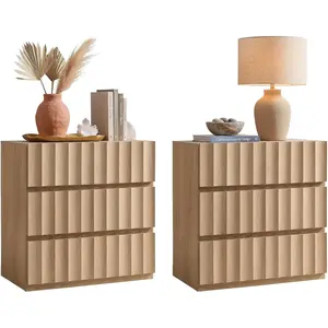 VividVibe Fluted Night Stand Set 2 Oversized Extra Large Nightstands Set of 2 Tall Bedside Side Table with 3 Drawers Storage Modern End Tables Wide Night Stands for Bedroom Couch Home Office Light Oak