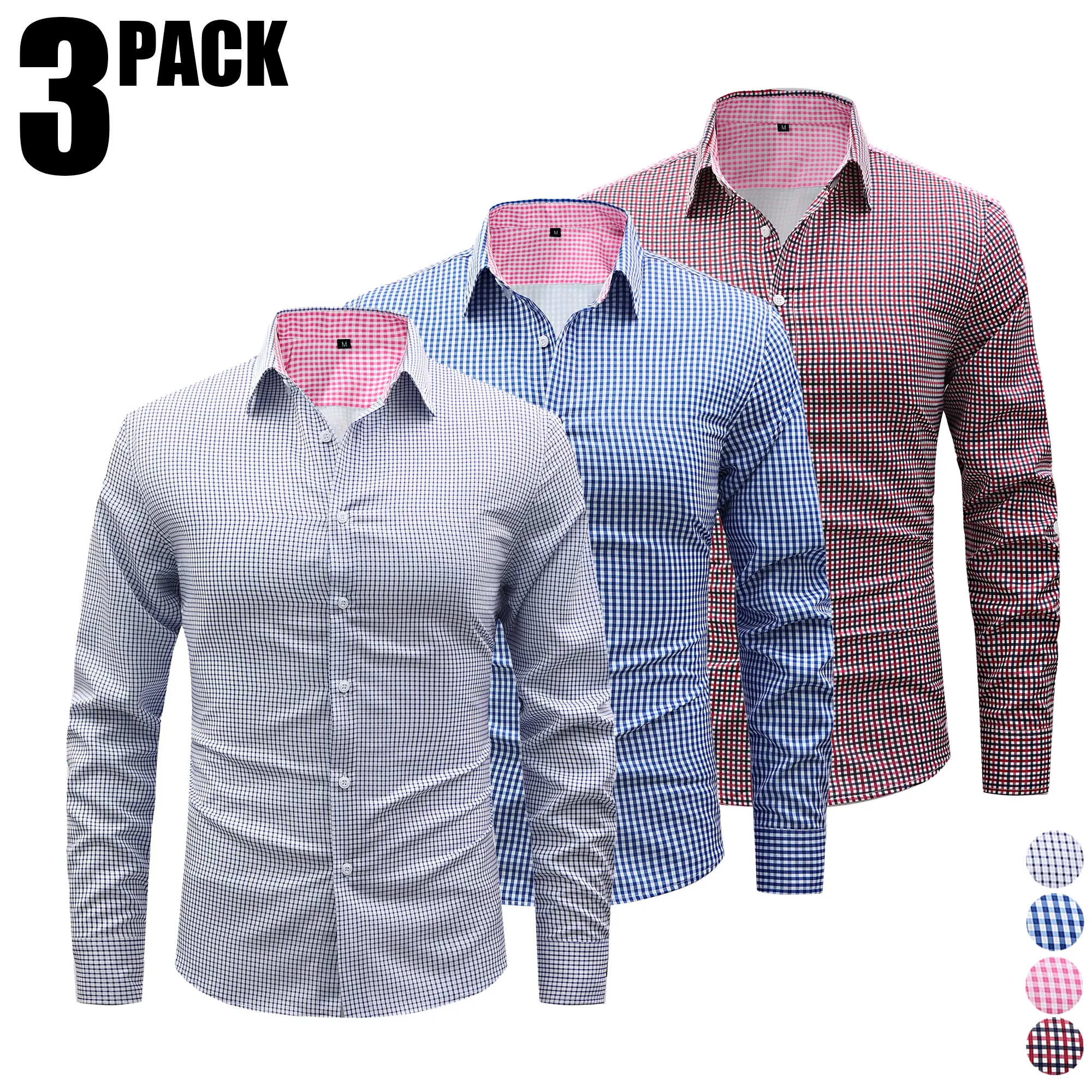 Men’s 3-Pack Plaid Long Sleeve Shirts - Business Casual Button Front Fashion Apparel, Small Check Pattern, Wrinkle-Free Breathable Fabric Commuter Tops