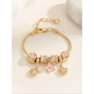 Women's Gold-Tone Fishtail Bracelet - SleekHush, Flower Motif, Heart Rhinestones, 1-Size Fit, Daily Wear Fashion Jewelry, Ideal Birthday Gift for Party Use, One-Size Fit,summervibes