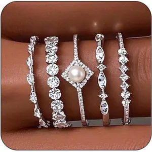 Stackable Silver Rings for Women Non Tarnish, Dainty Sterling Silver Diamond Pearl Rings Set Thumb Fashion Thin Cubic Zirconia Simple Unique Statement Ring Pack Women Jewlery 6/7/8/9/10