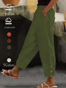 Women's Casual Linen Harem Pants, Breathable, Lace Details, Bright Colors, Elastic Waistband, Perfect Vacation, Multiple Sizes Available