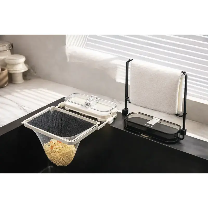 2-in-1 Adjustable Sink Strainer Basket, Foldable Food Waste Filter, Hanging Drain Basket for Kitchen Sink, Anti-Clog Sink Organizer & Garbage Catcher