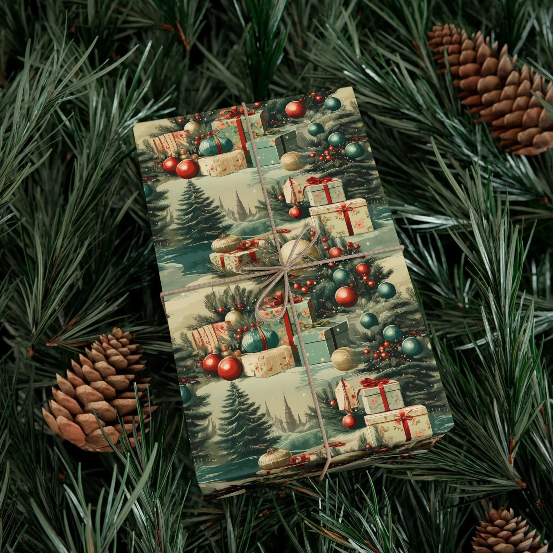 Vintage Christmas Wrapping Paper Holiday Gift Wrap 1940s Retro Pine Tree Festive Paper Christmas Decor Gift Wrap Roll Rustic Holiday Print