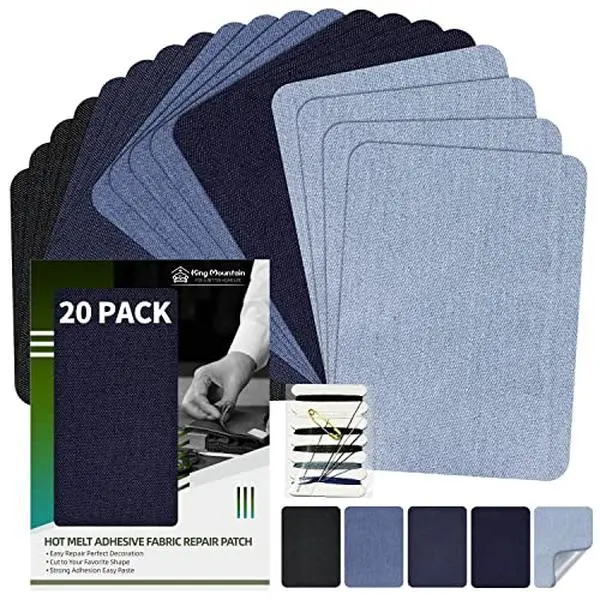 KING MOUNTAIN Iron-on Repair Patch 20 Pcs Pack,Denim Patches for Jeans Kit 3" by 4-1/4", 100% Cotton Denim Iron-on Repair Patch,Jeans and Clothing Repair and Decoration Kit (Five Color)